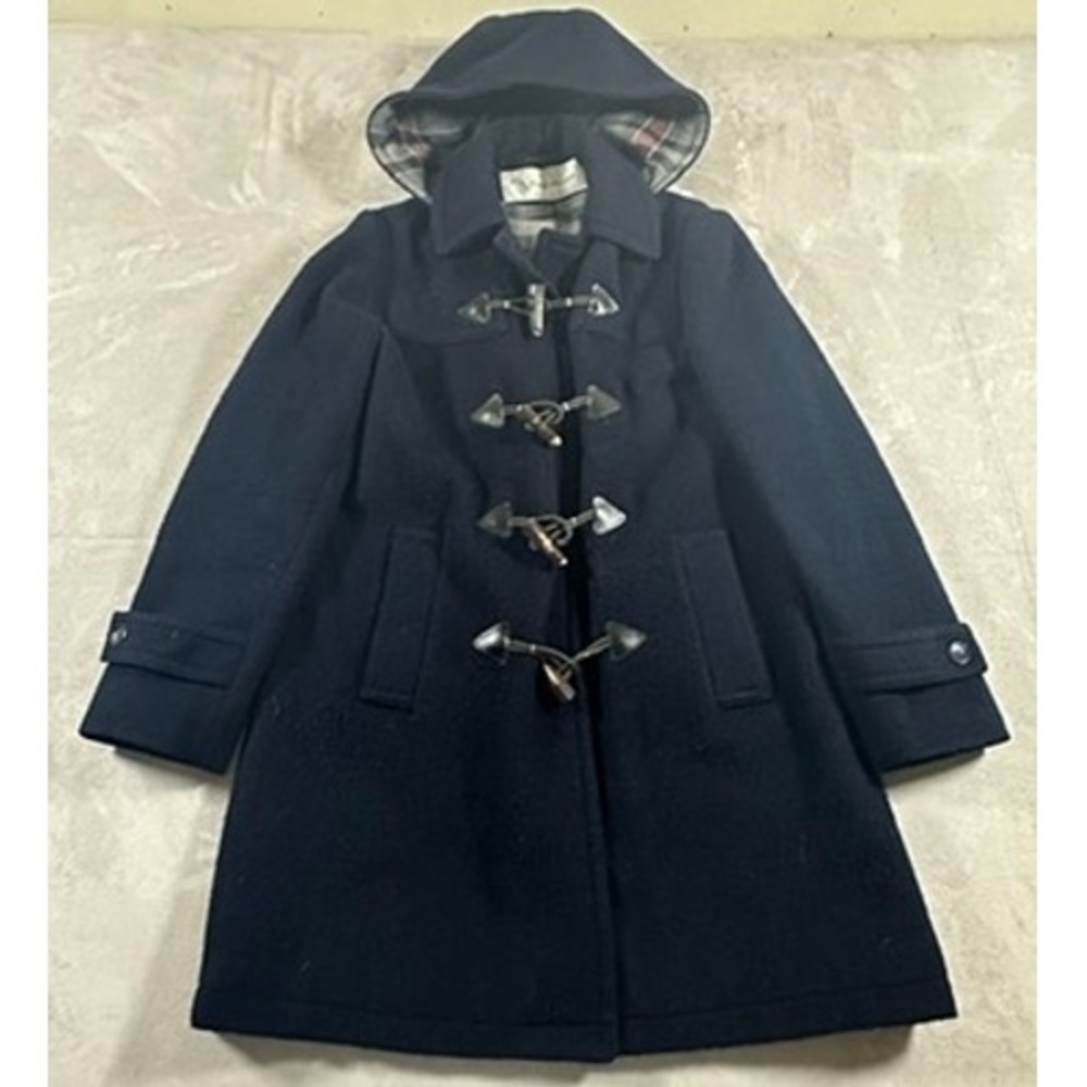Vintage 80s Evan-Picone Duffle Coat Women Wool Blend Plaid Lined Small Navy Blue